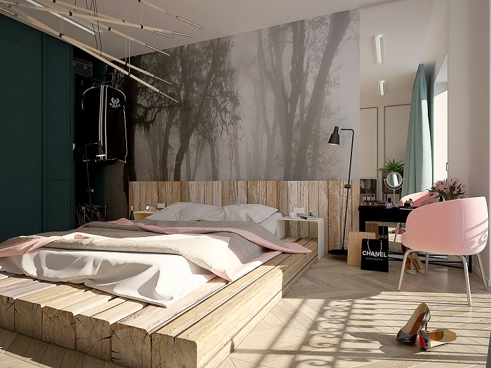 Trang trí phòng ngủ đẹp cho nữ chất liệu gỗ
