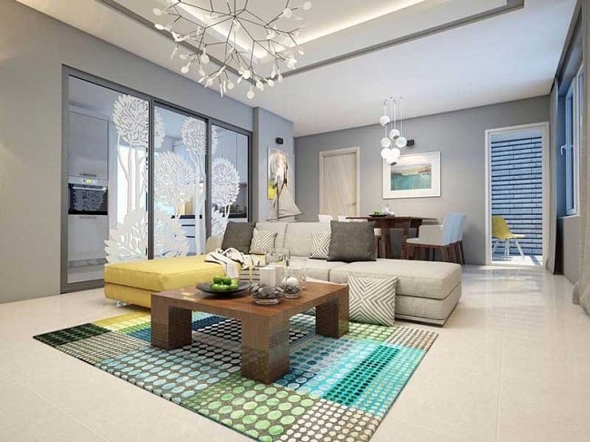 Mẫu thiết kế nội thất phòng khách chung cư theo gam màu xanh
