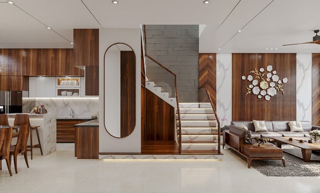 Những mẫu thiết kế phòng khách nhà ống 5m có cầu thang  hiện đại