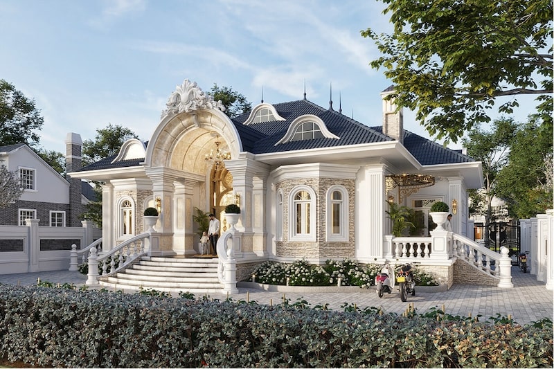 Mẫu biệt thự nhà vườn phong cách Pháp được thiết kế với tông màu trắng tinh khôi