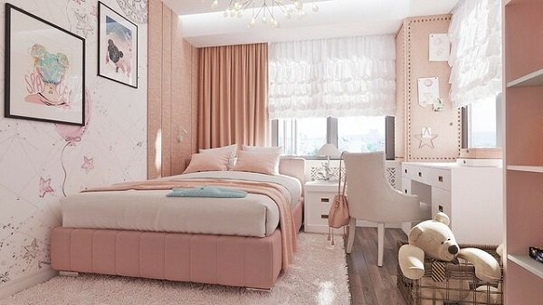 Phòng ngủ màu hồng kết hợp màu trắng