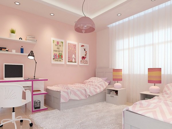Phòng ngủ màu hồng kết hợp màu trắng